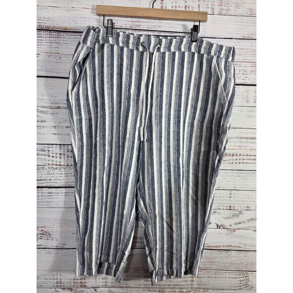 Per Se Women's 2X Striped Linen Blend Pull-On Pants blueWhite Drawstring Cropped - Picture 1 of 7